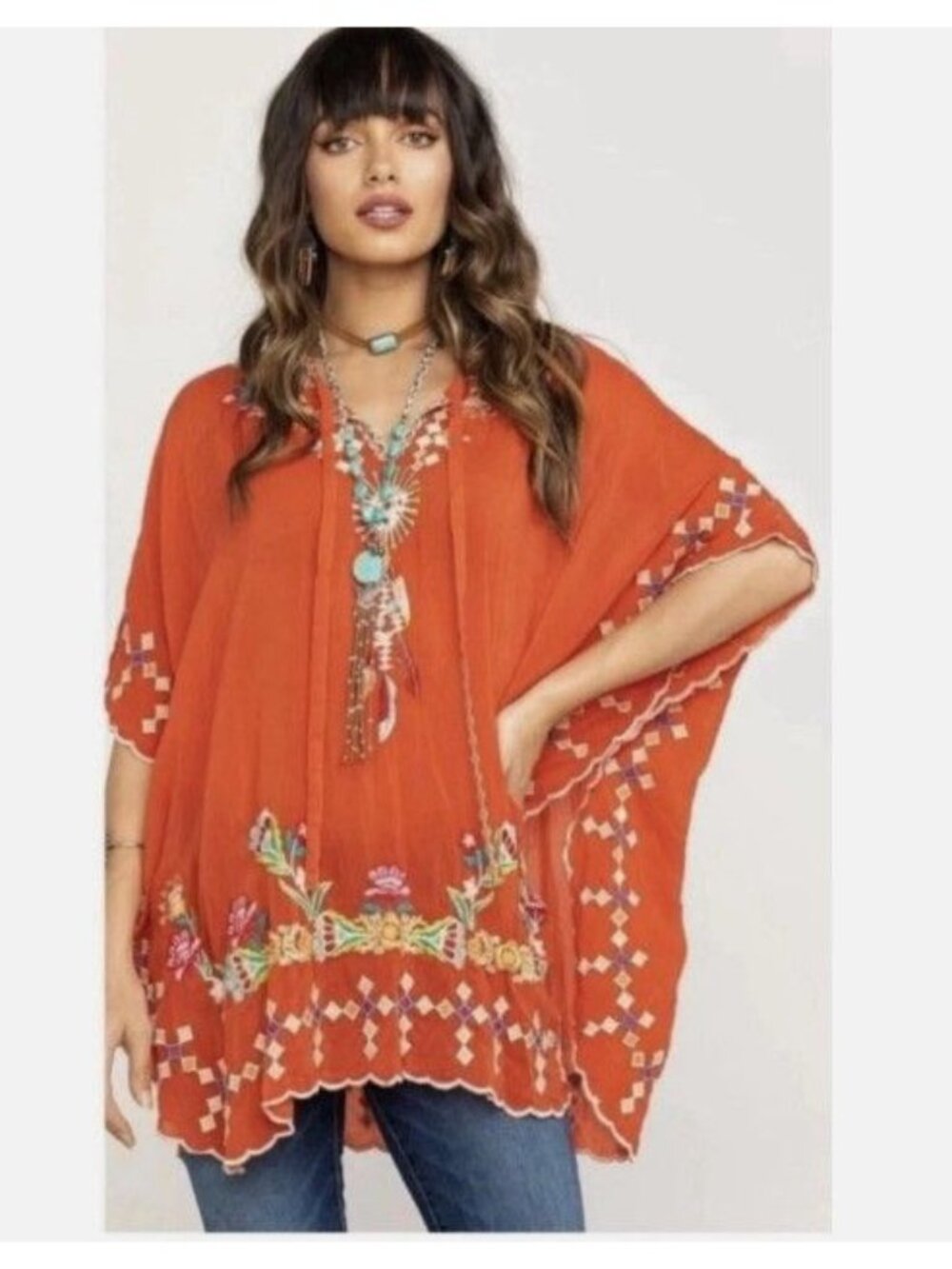 Johnny Was Dakota Poncho Embroidered Floral & Southwestern Orange Size Small NEW